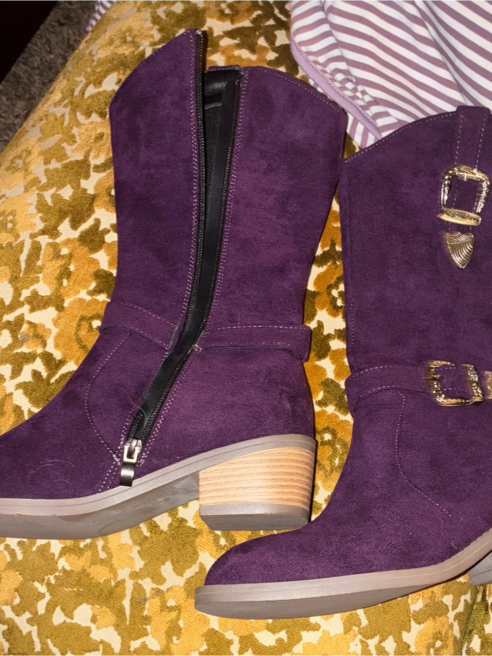 Purple Suede Mid-Calf Western Boot with Decorative Buckles - Picture 4 of 4